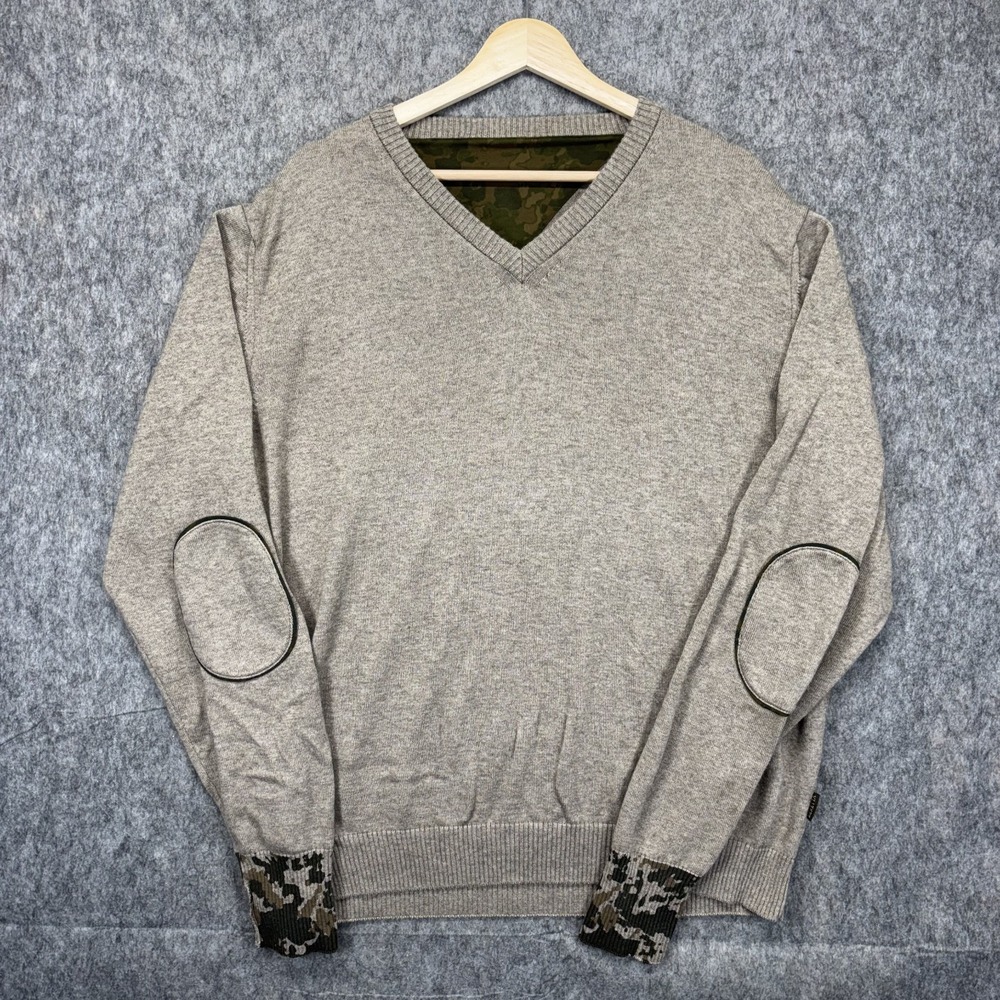 Beretta V Neck Camo Sweater Men's L/XL Elbow Patches Brown Wool Hunting
